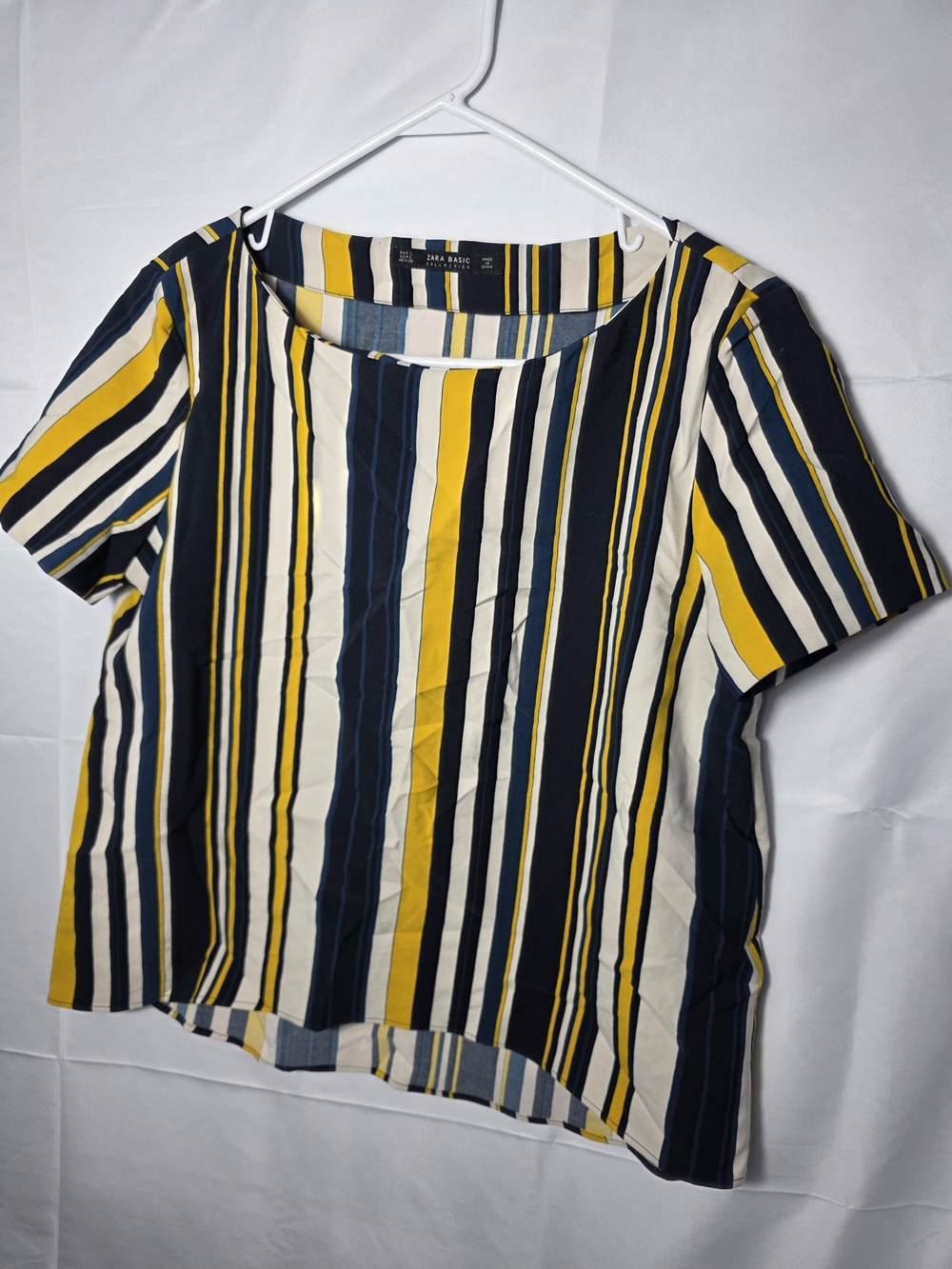 Zara Navy & Mustard Striped Short Sleeve Top Large Casual Office Wear